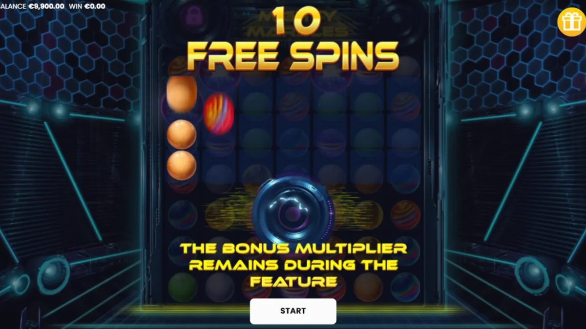 Tampilan visual slot Mighty Marbles dengan tema kelereng neon kosmik