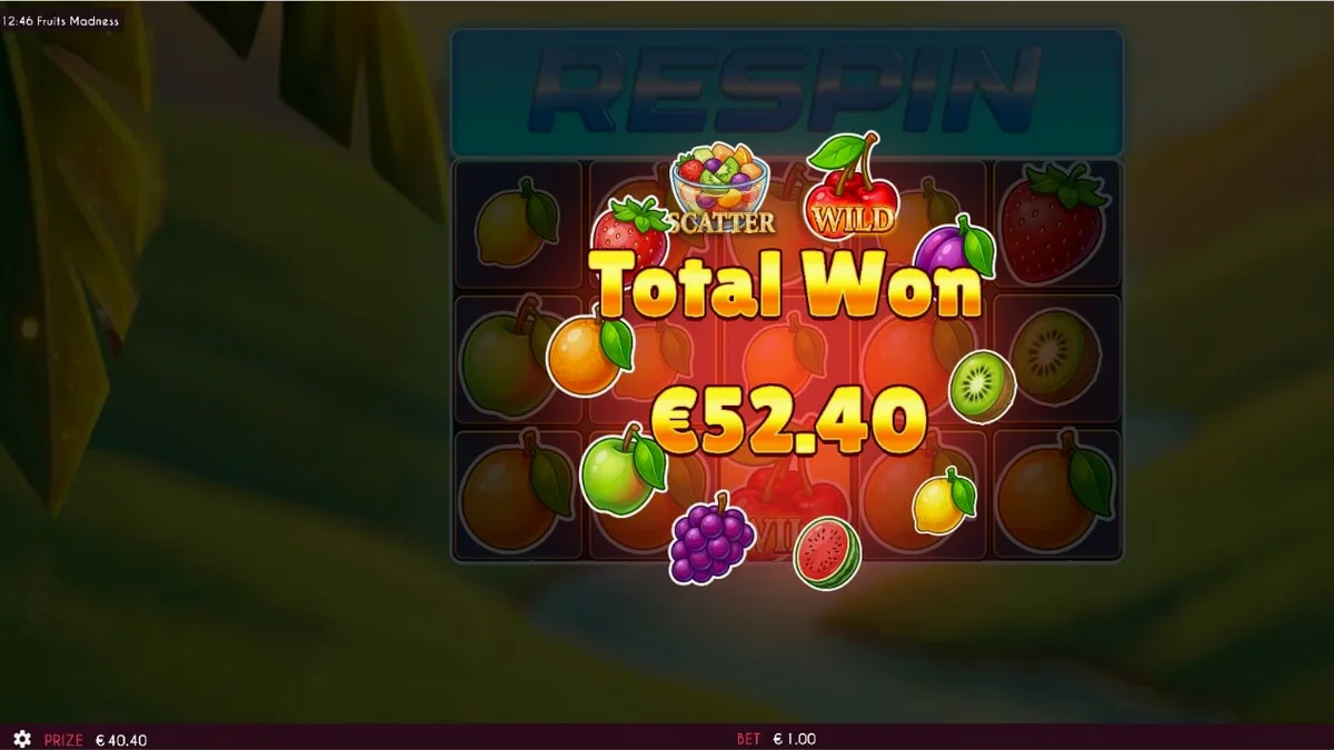 Tampilan visual slot Fruits Madness dengan simbol buah-buahan yang cerah